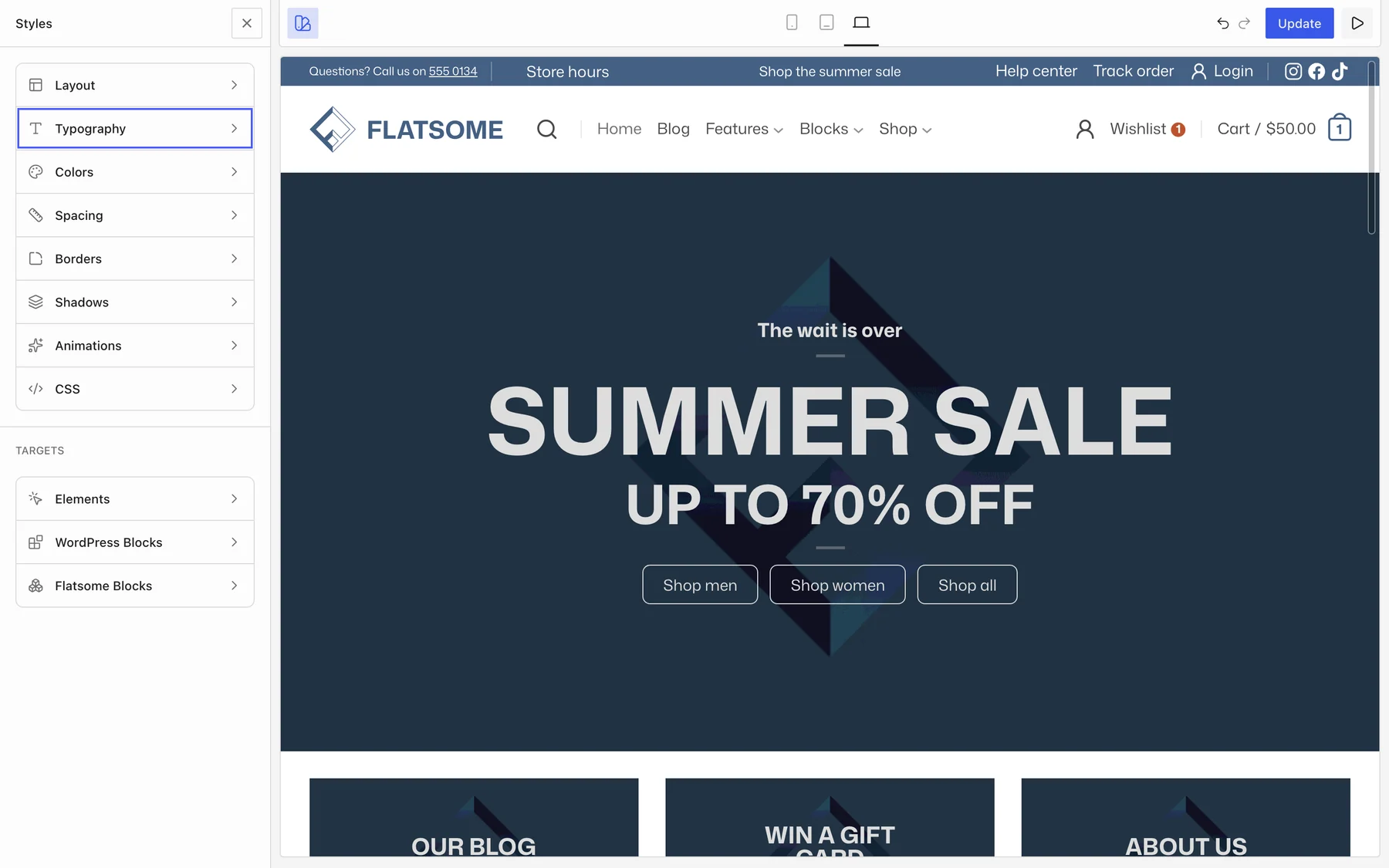 Flatsome Builder with the Styles panel open and Typography highlighted in the list of style screens