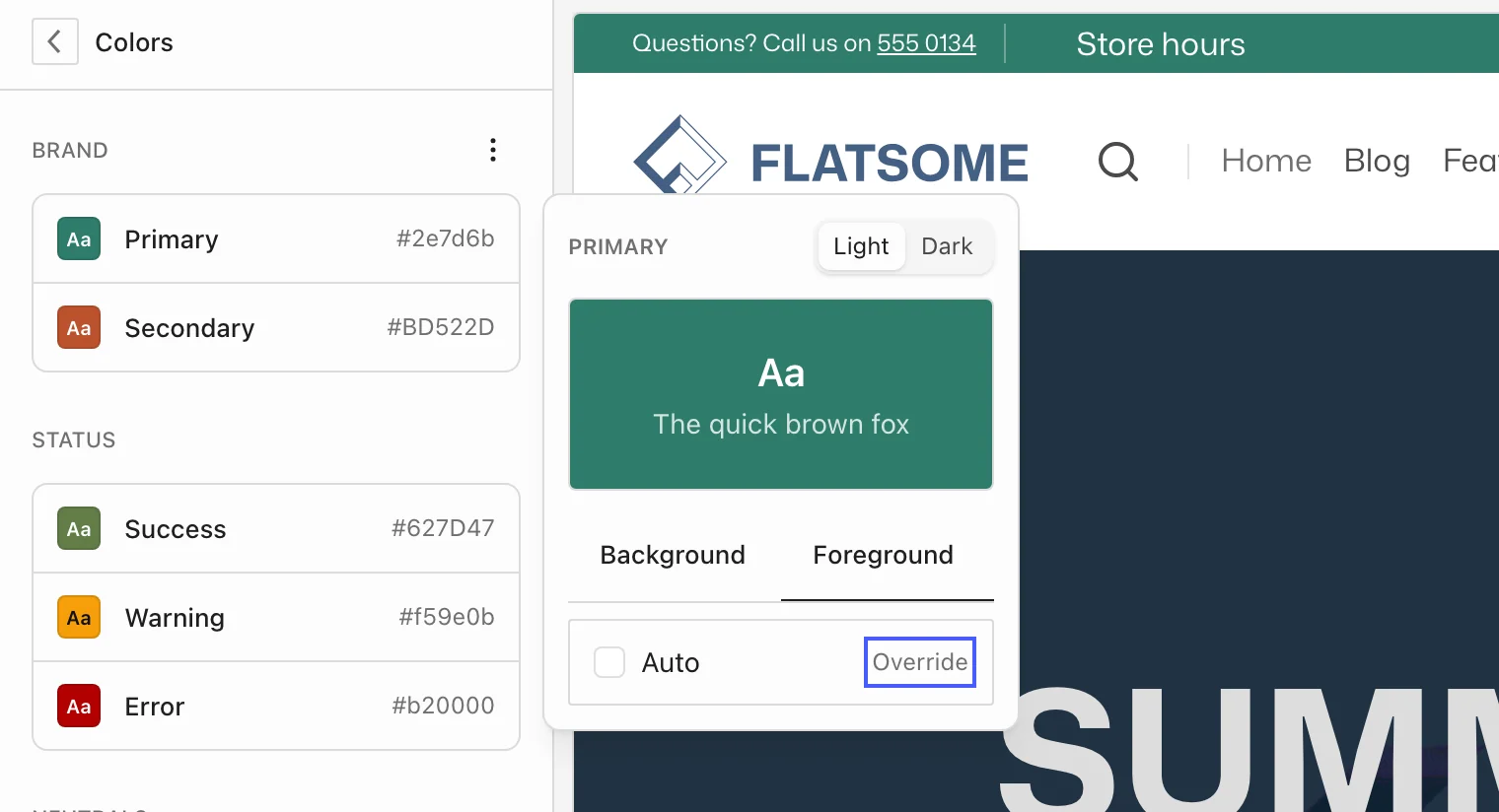 Primary color editor on the Foreground tab with the Auto row and the Override button highlighted