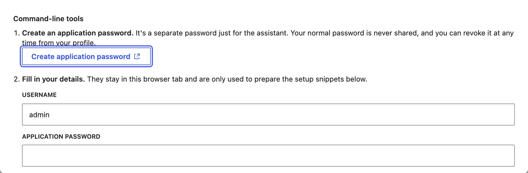 Command-line tools section of the Connect dialog with the Create application password button highlighted and the username and application password fields below