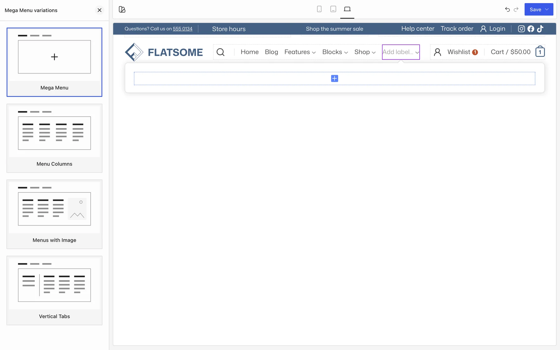 Mega Menu variations panel offering Mega Menu, Menu Columns, Menus with Image, and Vertical Tabs, with a new empty mega menu panel open on the canvas