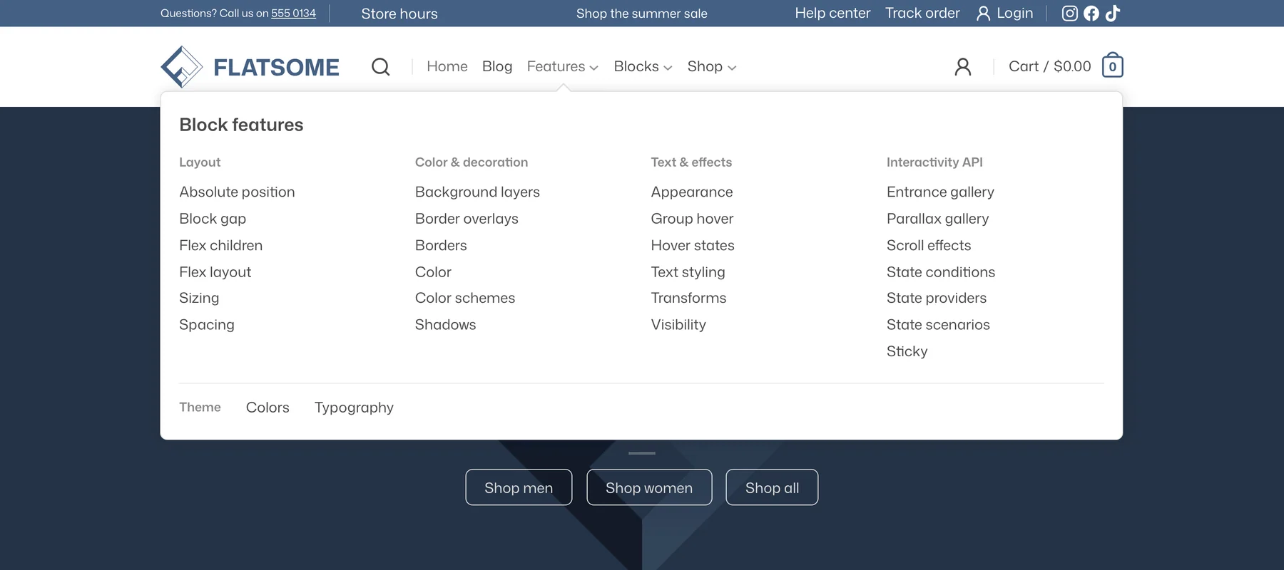 Store header with the Features mega menu open, showing a heading, four columns of links, and a row of links below a divider