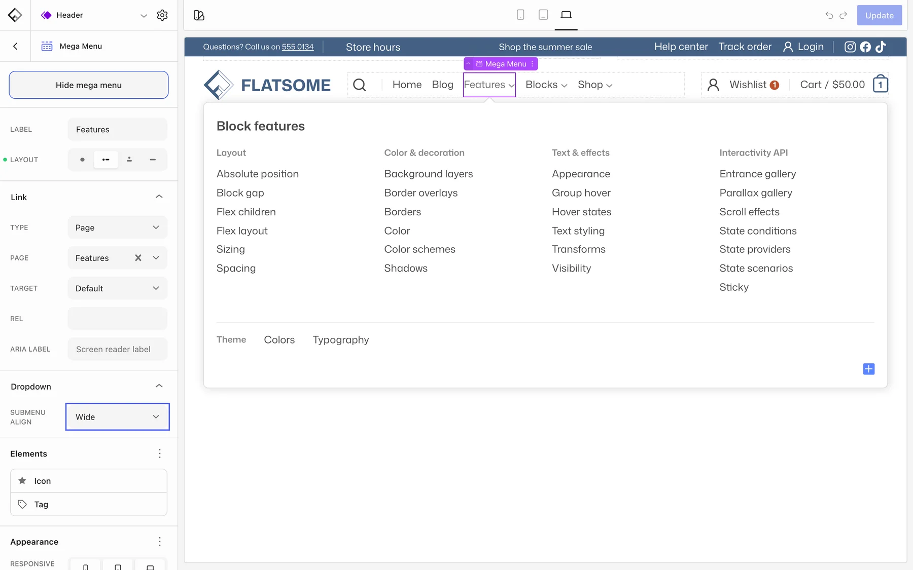 Mega Menu settings with the panel shown on the canvas and the Submenu Align dropdown highlighted