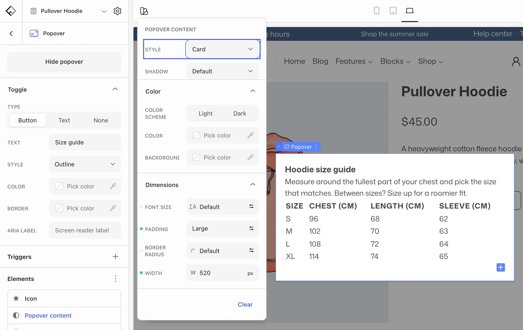 The Popover content options open beside the sidebar, with the Style control set to Card highlighted