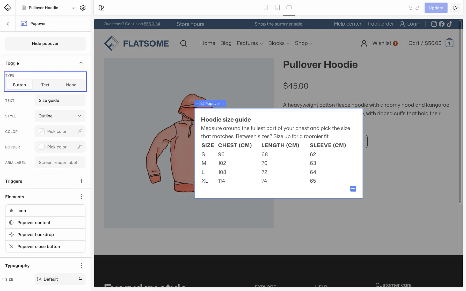 Popover settings in the Flatsome Builder with the Toggle Type control highlighted, and the size guide panel open on the canvas