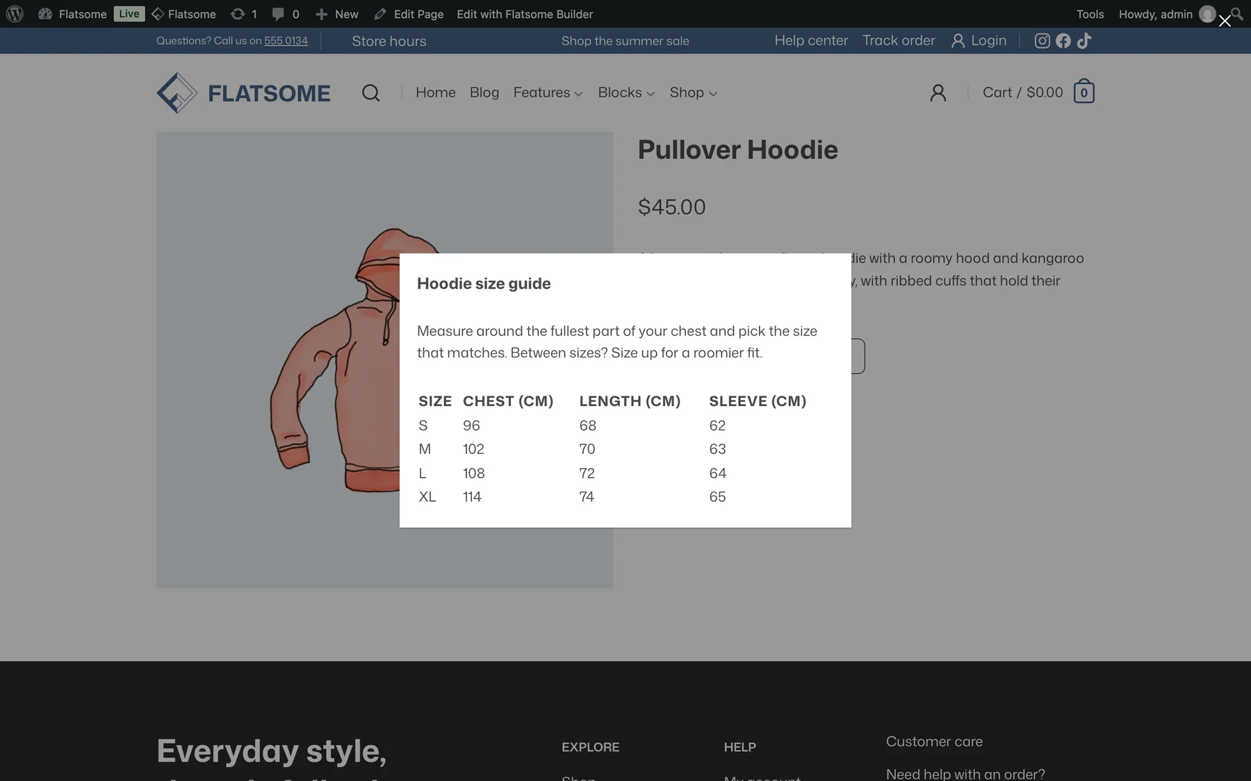 A hoodie product page with the size guide popup open over a dimmed backdrop, showing a size table and a close button in the top corner