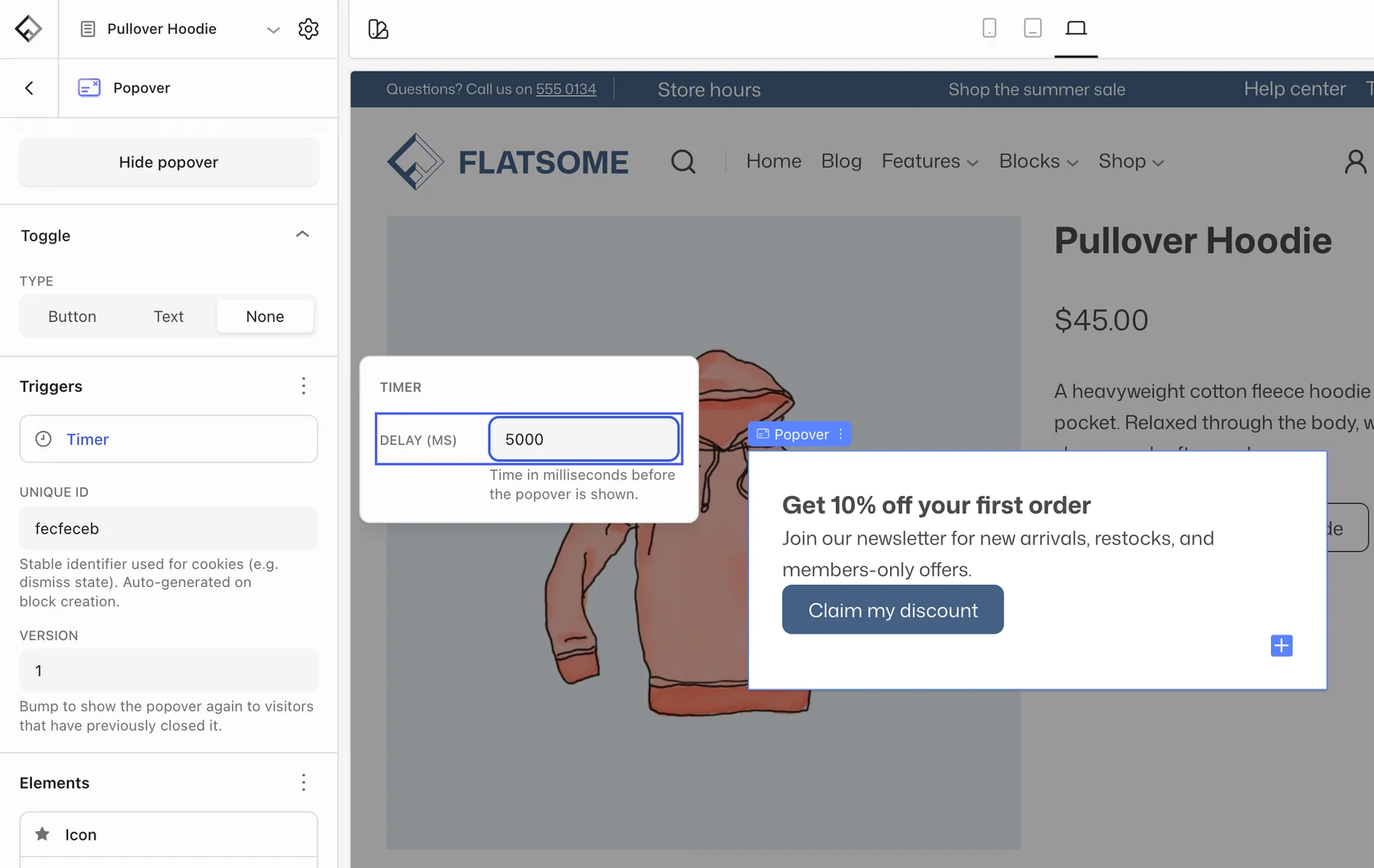 A popover with Type set to None and the Timer options open, with the Delay field set to 5000 highlighted, above the Unique ID and Version fields