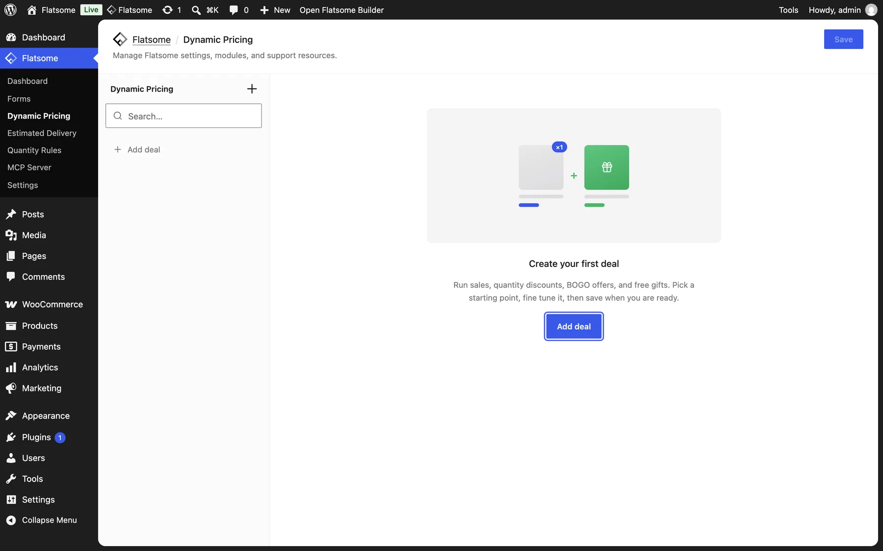 Dynamic Pricing screen under the Flatsome menu with the Add deal button highlighted