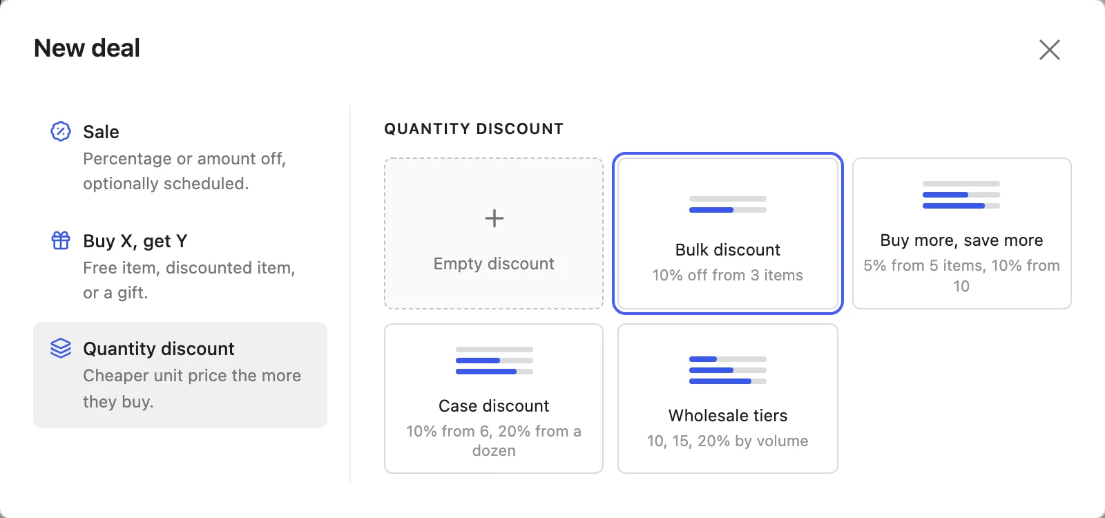 New deal dialog with the Sale, Buy X get Y, and Quantity discount types, and the Bulk discount preset highlighted