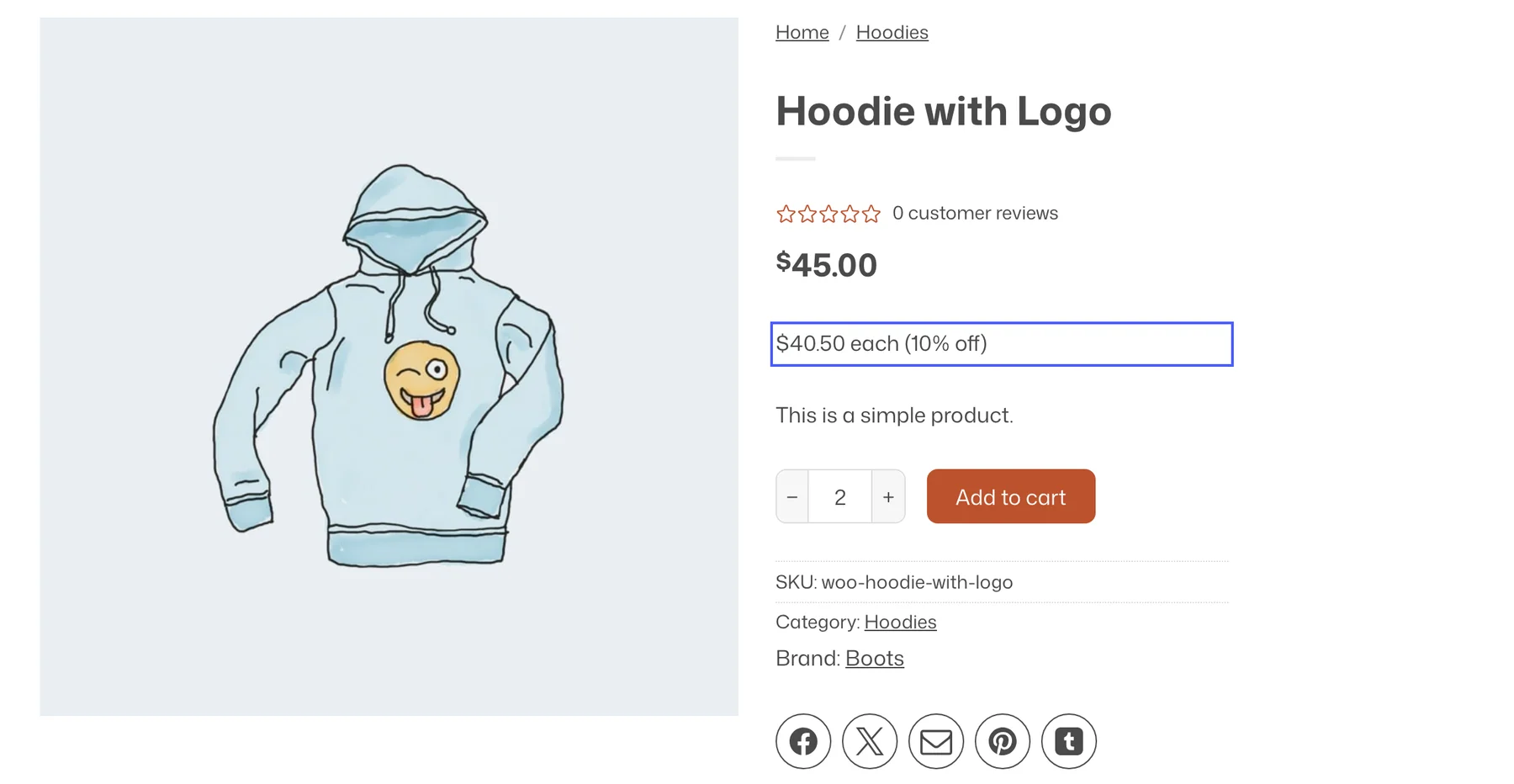 Hoodie with Logo product page with quantity 2 and the deal price line reading 40.50 dollars each, 10% off, highlighted