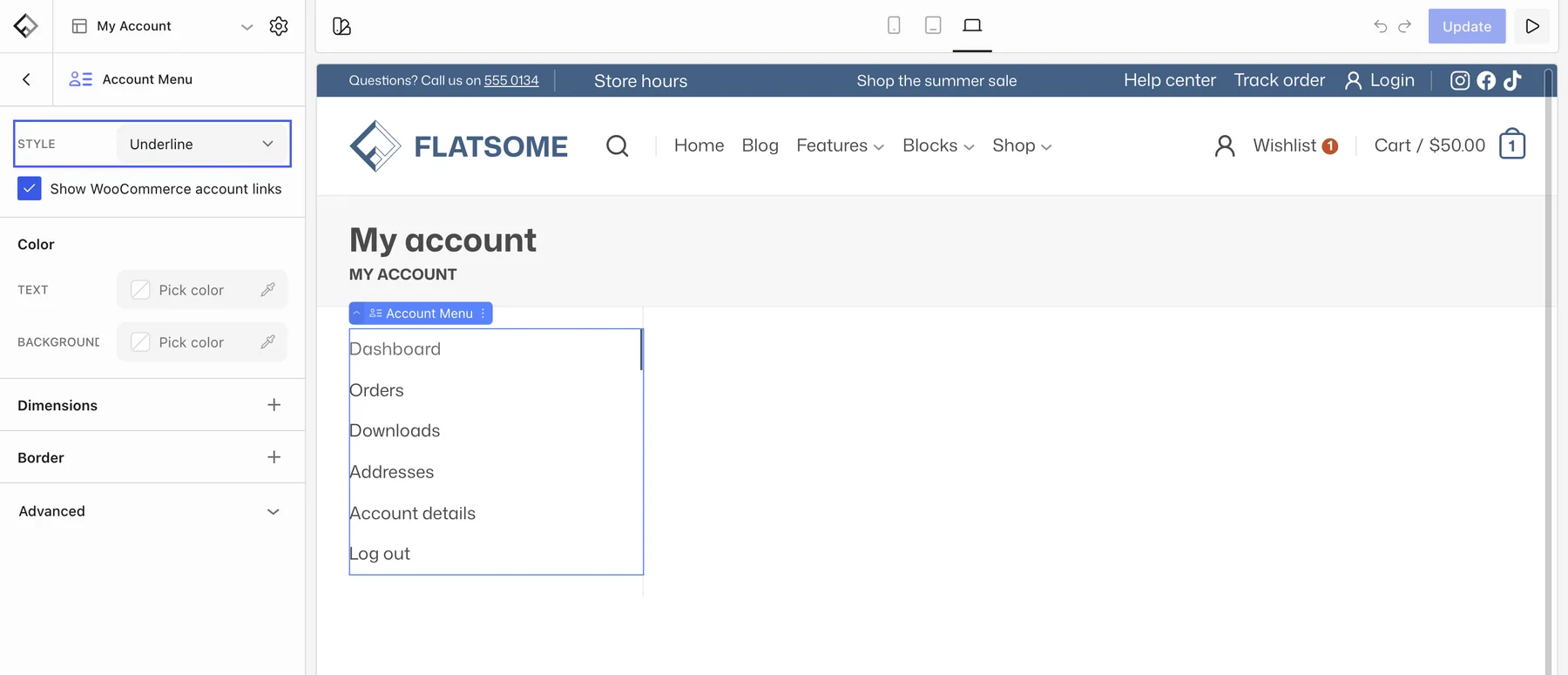 My Account template with the Account Menu selected and its Style setting highlighted