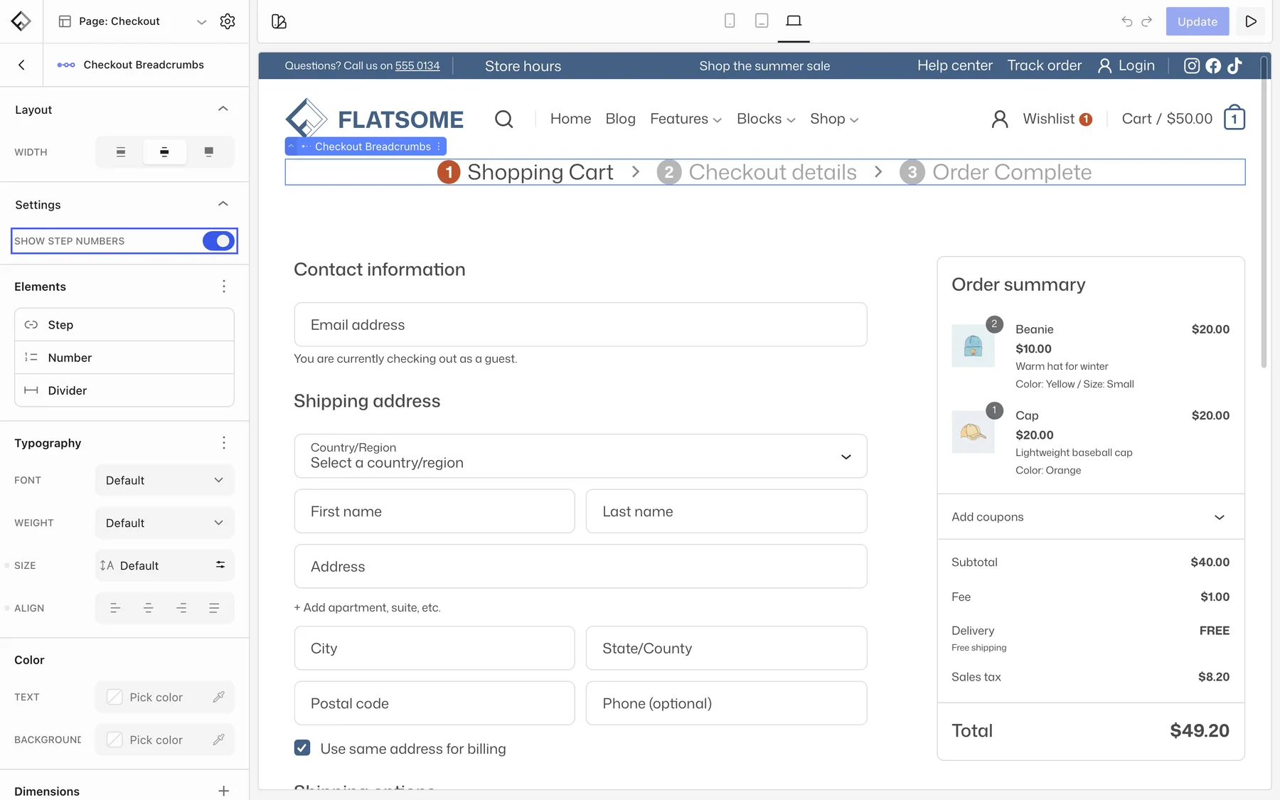 Page: Checkout template in the Builder with the Checkout Breadcrumbs block selected and Show step numbers highlighted