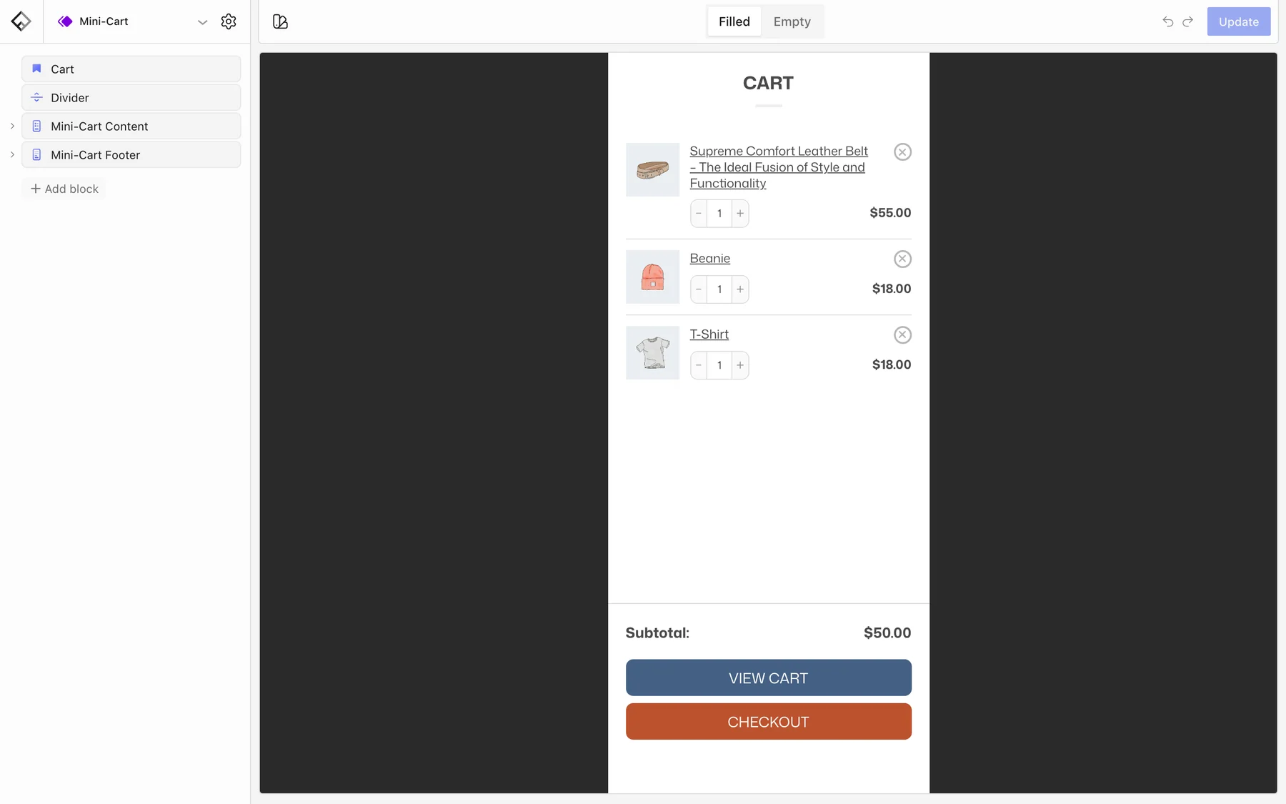 Mini-Cart template part in the Builder showing the Cart heading, three items with quantity steppers, the subtotal, and View cart and Checkout buttons