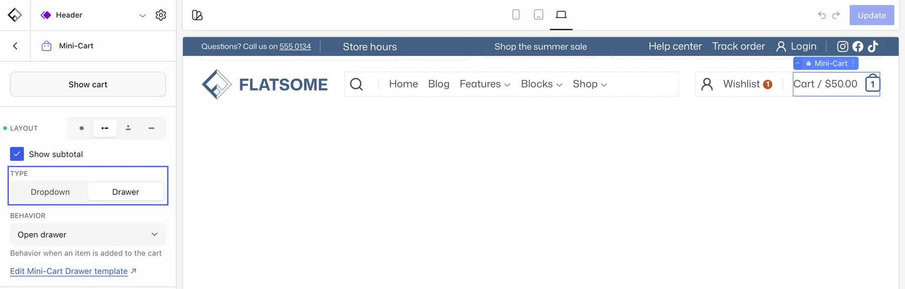 Mini-Cart block settings in the Header template part, with the Type switch for Dropdown and Drawer highlighted