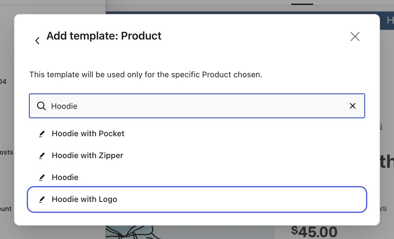 Add template dialog for a product, searched for Hoodie, with Hoodie with Logo highlighted