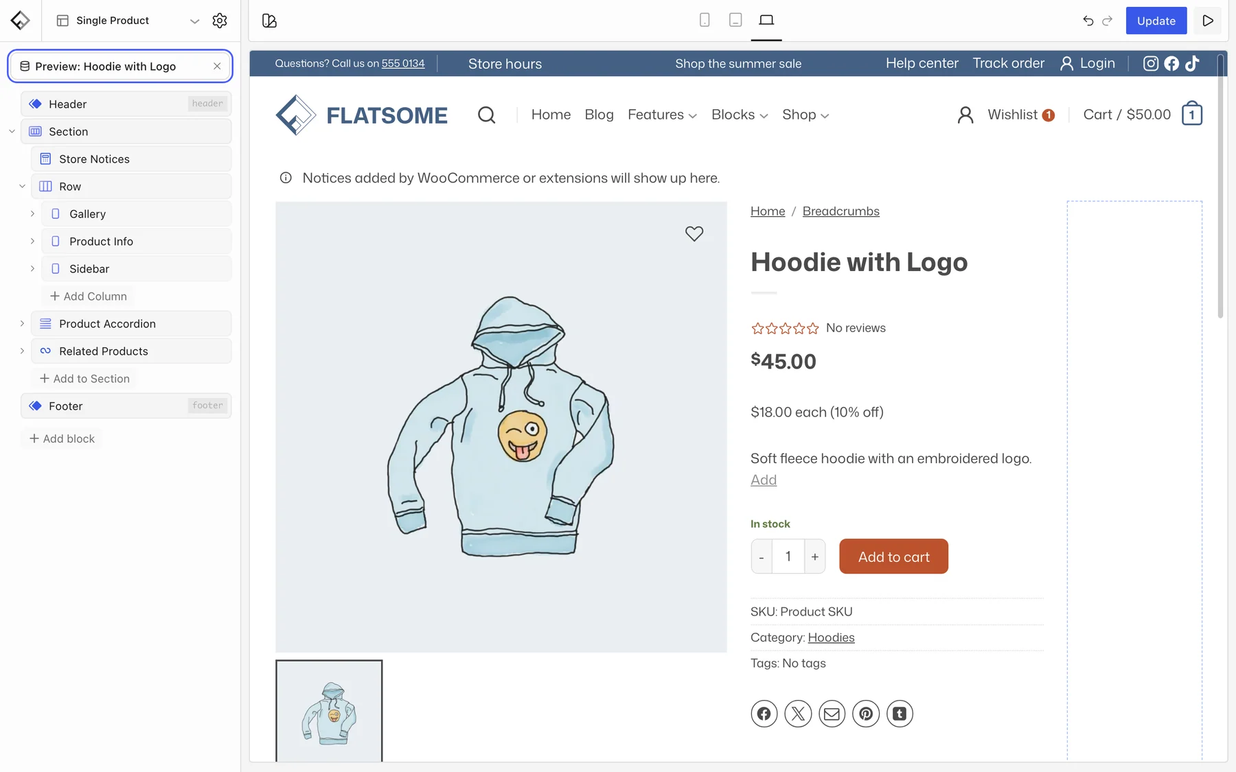 Single Product template previewing Hoodie with Logo, with the preview picker highlighted and the block tree showing Gallery, Product Info, Sidebar, Product Accordion, and Related Products