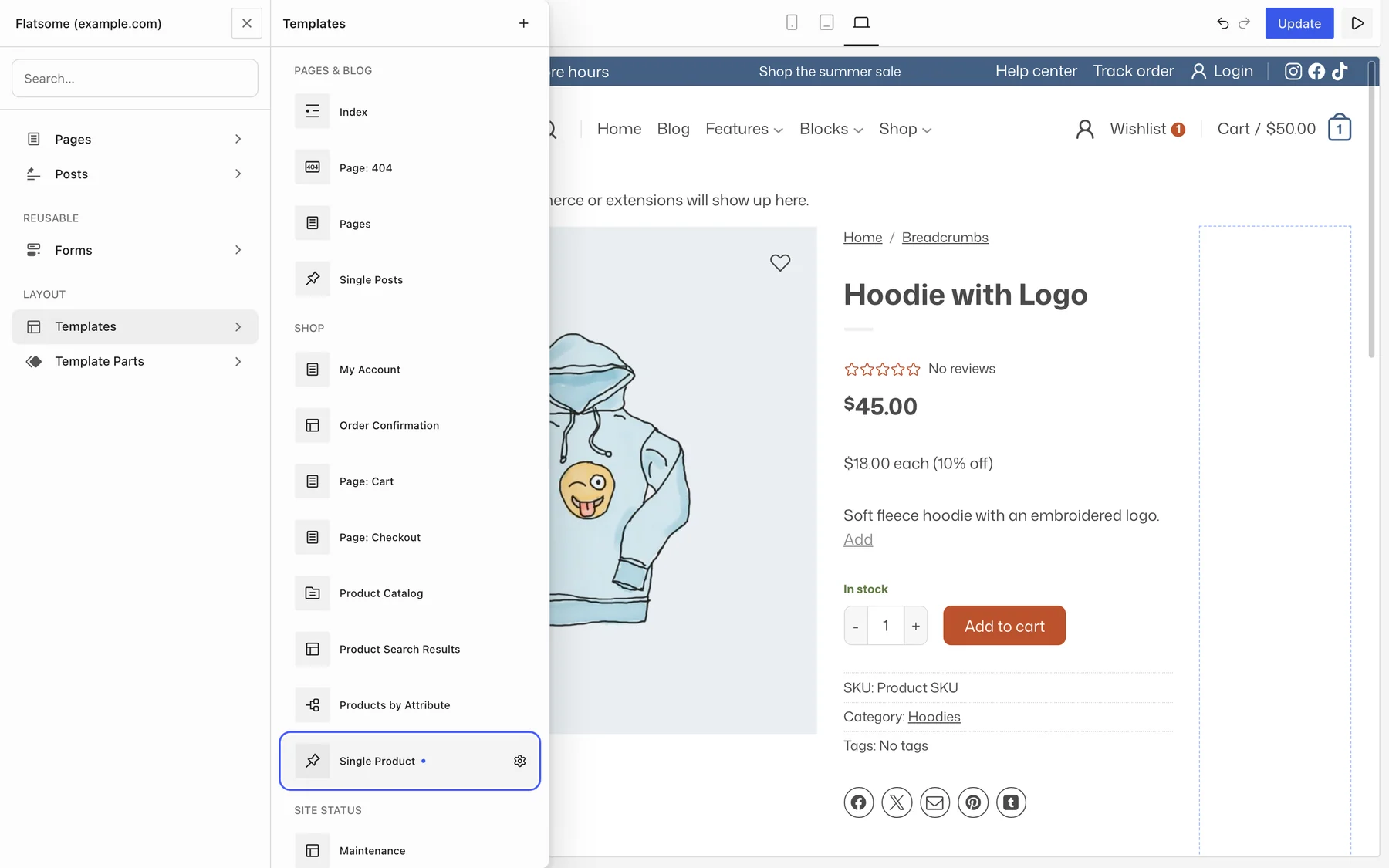 Flatsome Builder with the Templates panel open and Single Product highlighted in the Shop group