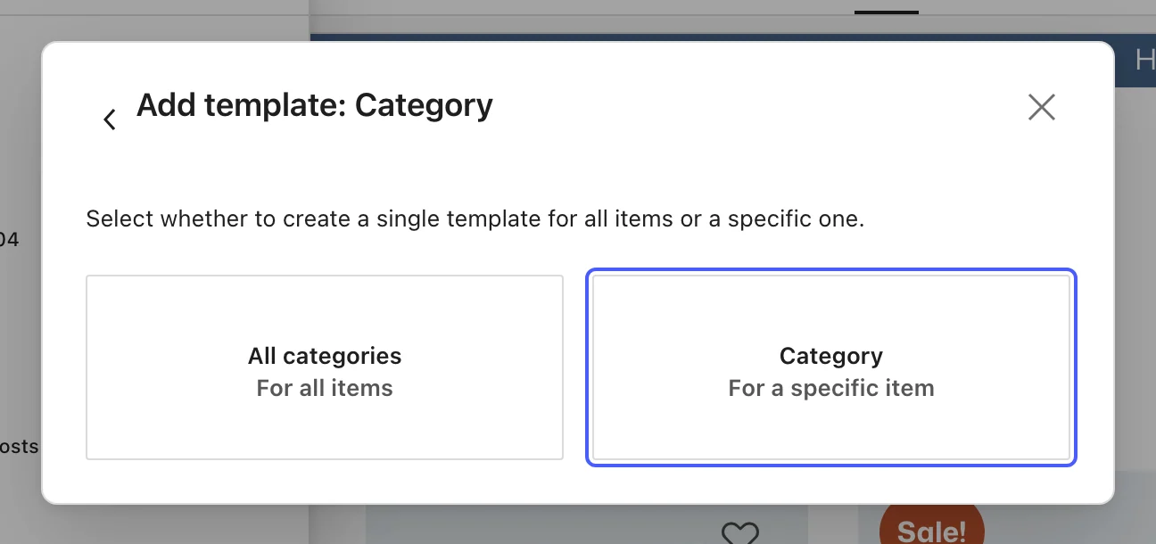 Add template dialog for categories with the Category, For a specific item option highlighted next to All categories, For all items