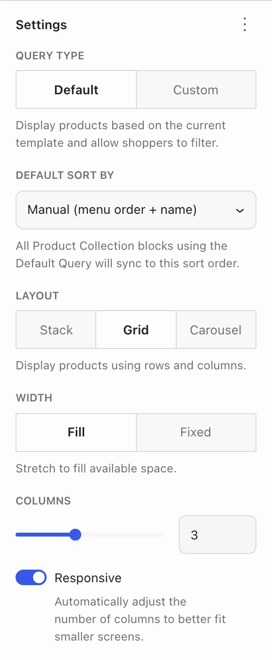 Product Collection settings with Columns set to 3