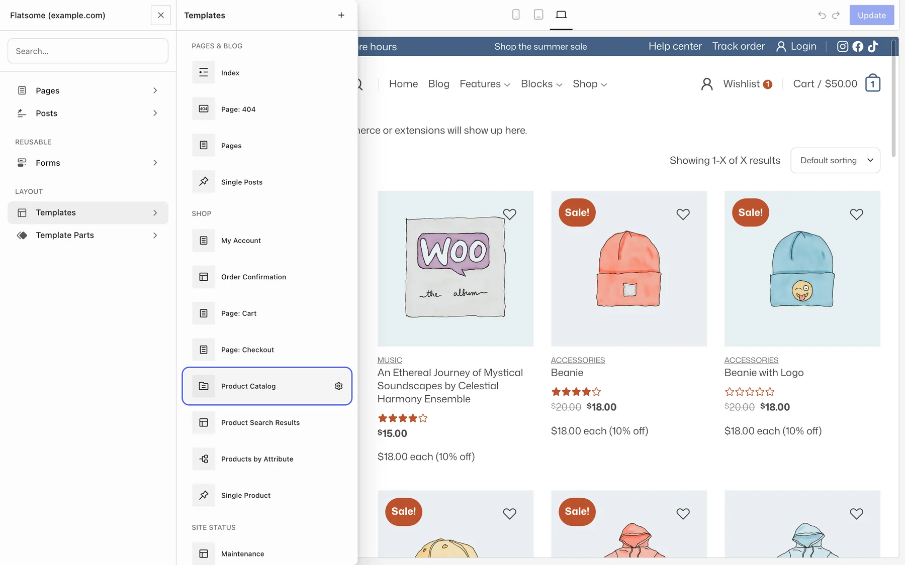 Flatsome Builder with the Templates panel open and Product Catalog highlighted in the Shop group