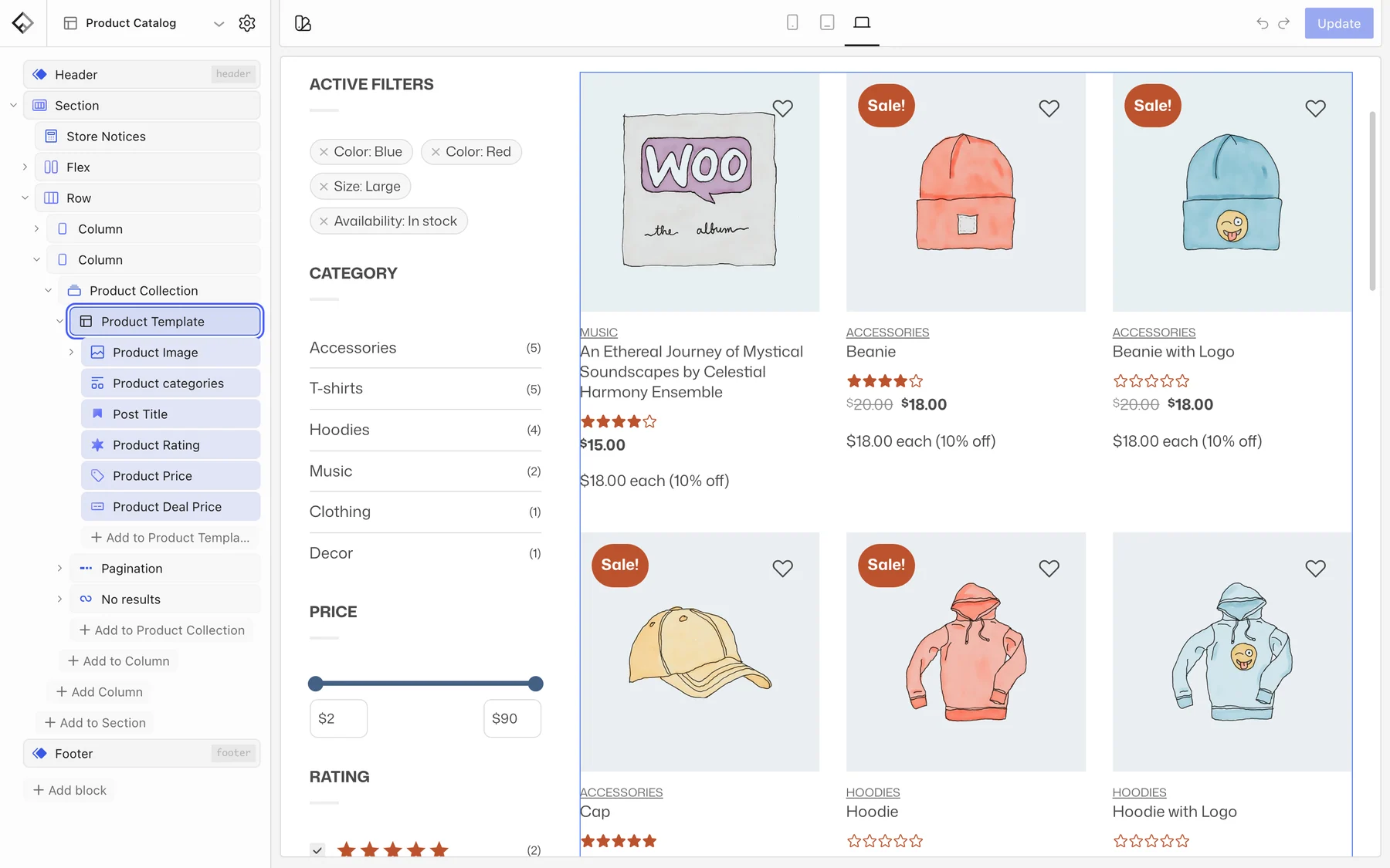 Product Catalog template with the block tree expanded to the Product Template inside the Product Collection, listing the card blocks