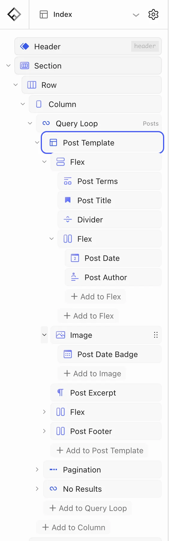 Builder block hierarchy for the blog template with Post Template highlighted and its post blocks expanded
