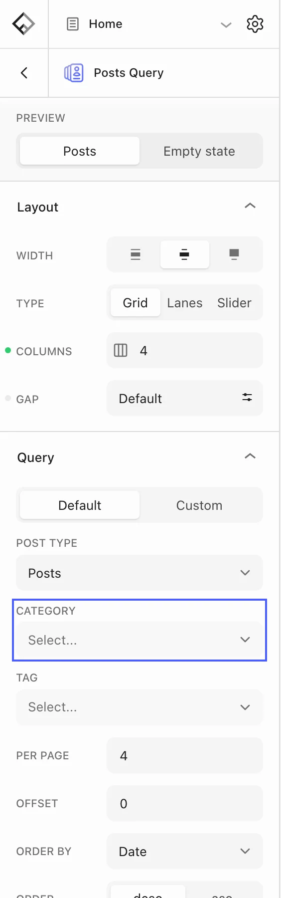 Posts Query block settings with the Query panel open and the Category field highlighted