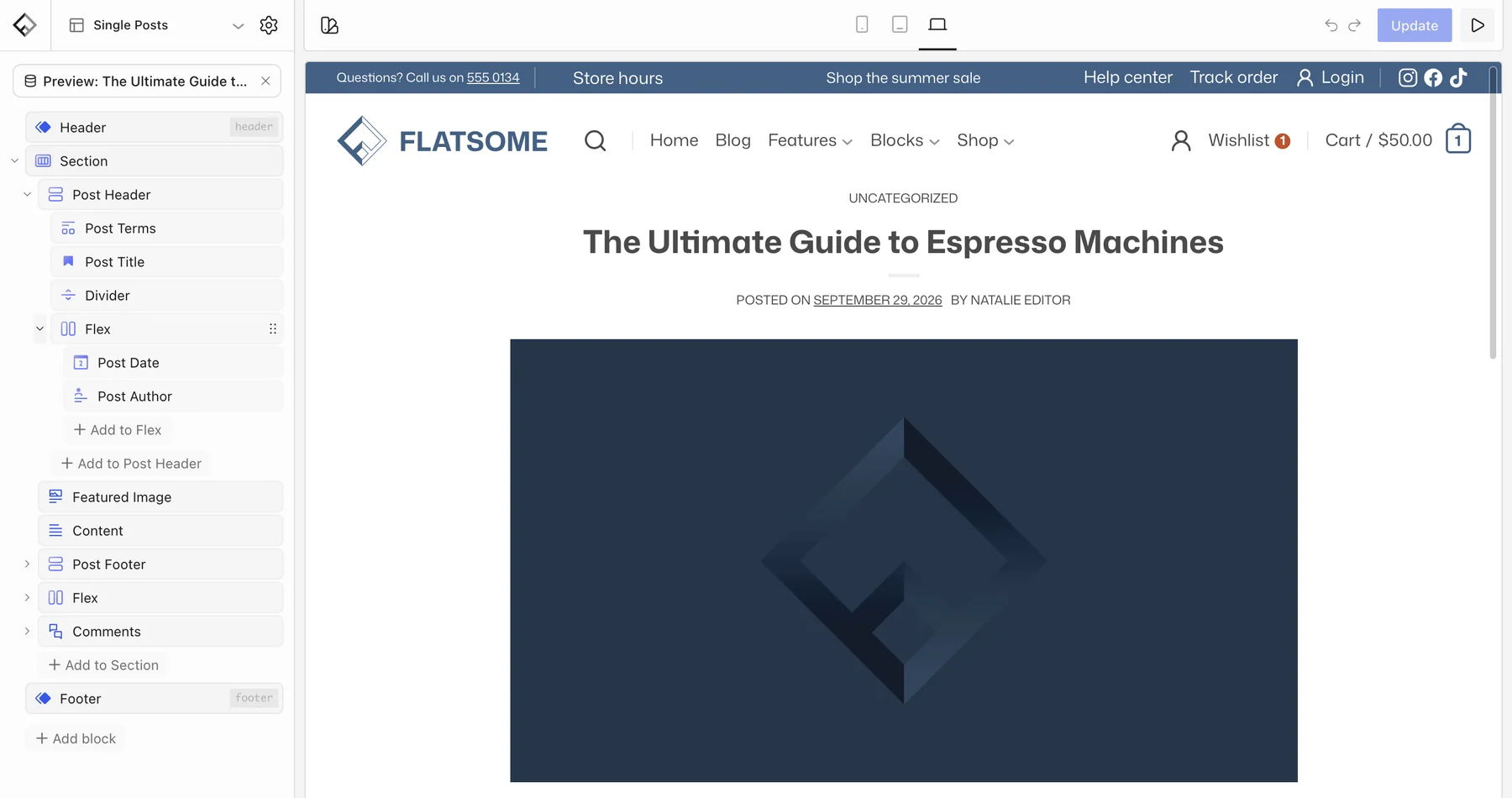 Single Posts template in the Builder previewing a blog post, with the Post Header, Featured Image, Content, Post Footer, and Comments blocks in the hierarchy
