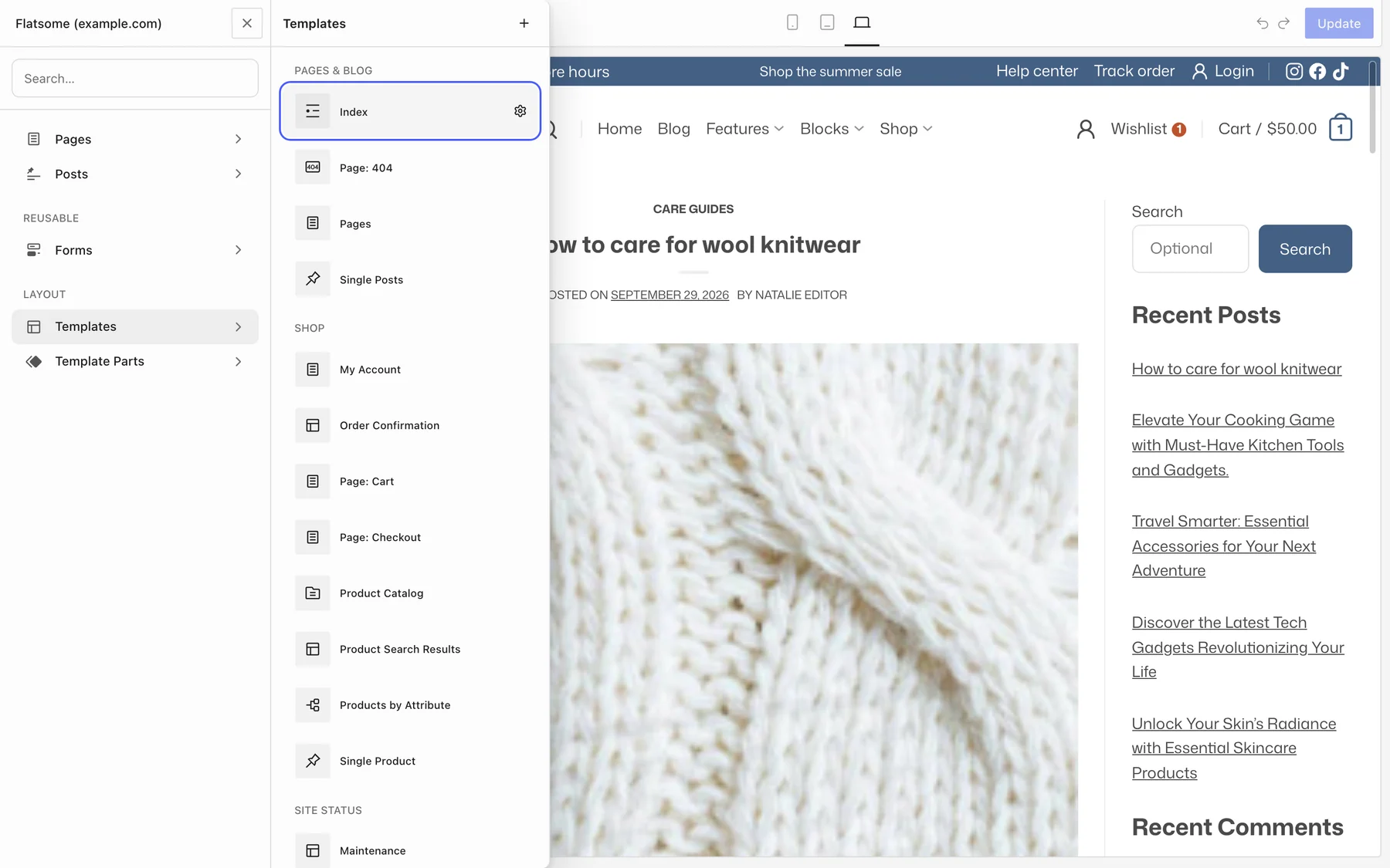 Flatsome Builder with the Templates list open and the Index template highlighted under Pages and blog