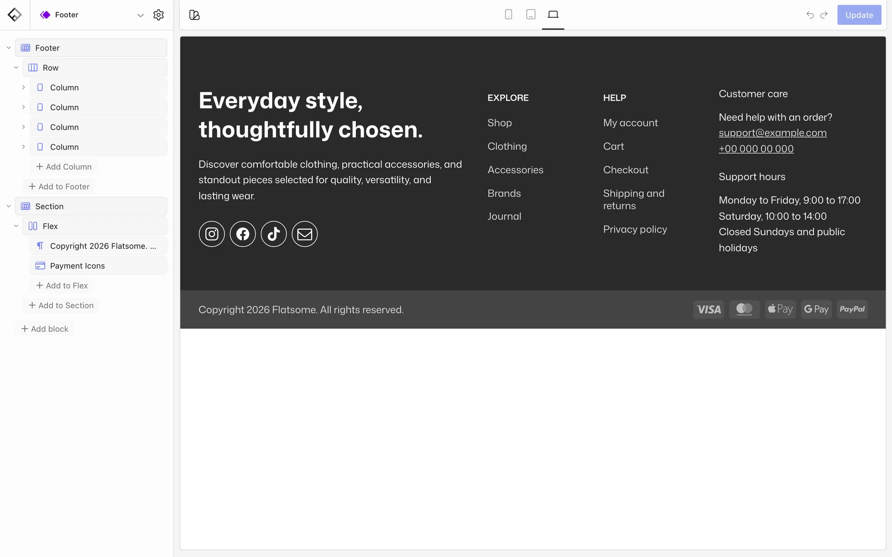 Footer template part open in the Flatsome Builder with the block tree showing a Section with a four column Row and a second Section with a Flex holding the copyright and Payment Icons