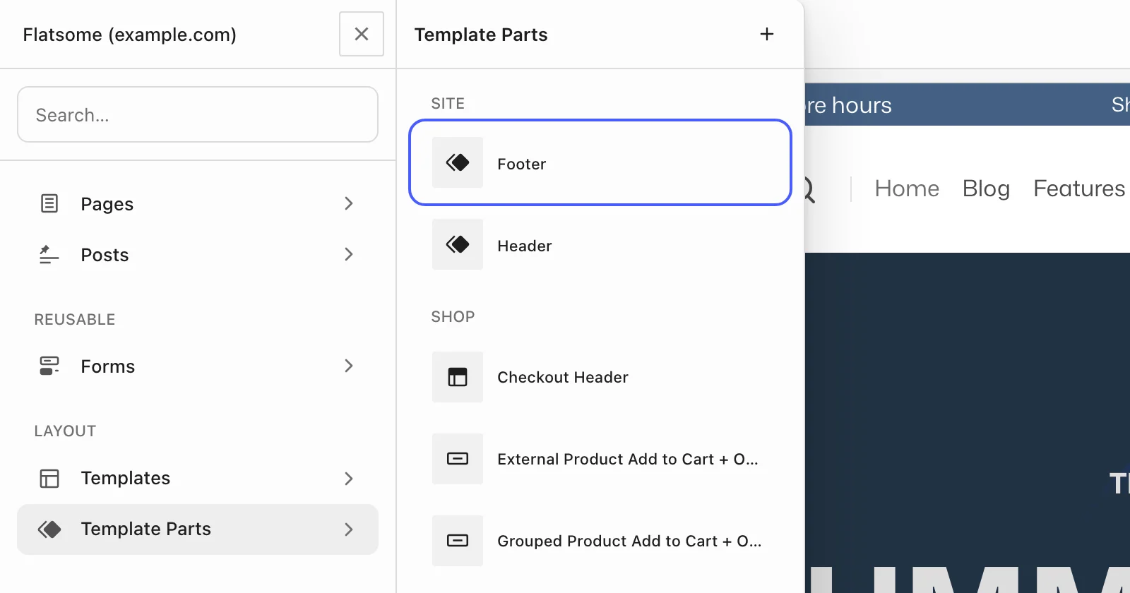 Flatsome Builder navigator with the Template Parts list open and the Footer template part highlighted