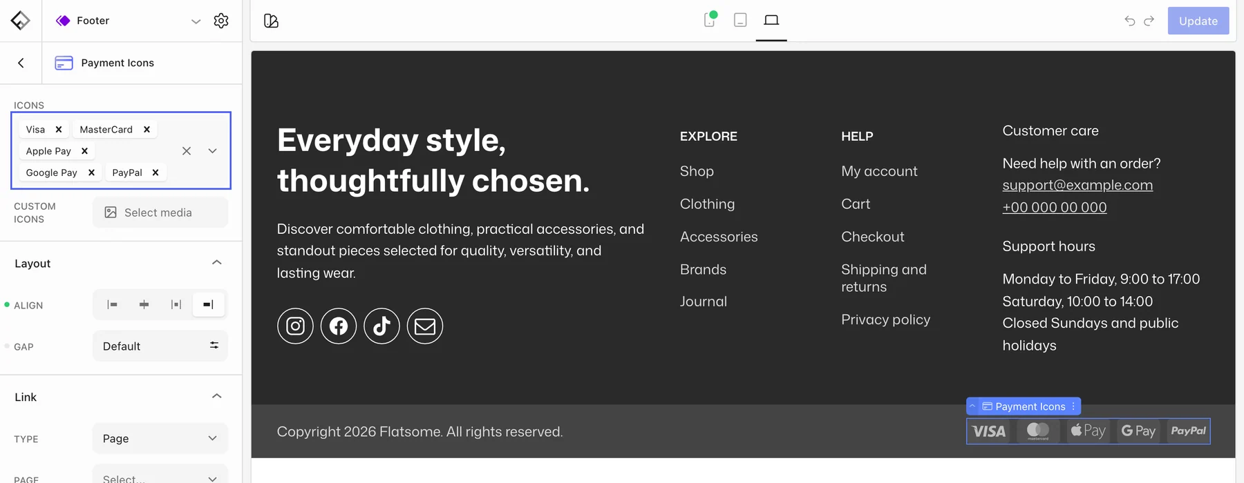 Payment Icons settings with the Icons field highlighted, listing Visa, MasterCard, Apple Pay, Google Pay, and PayPal