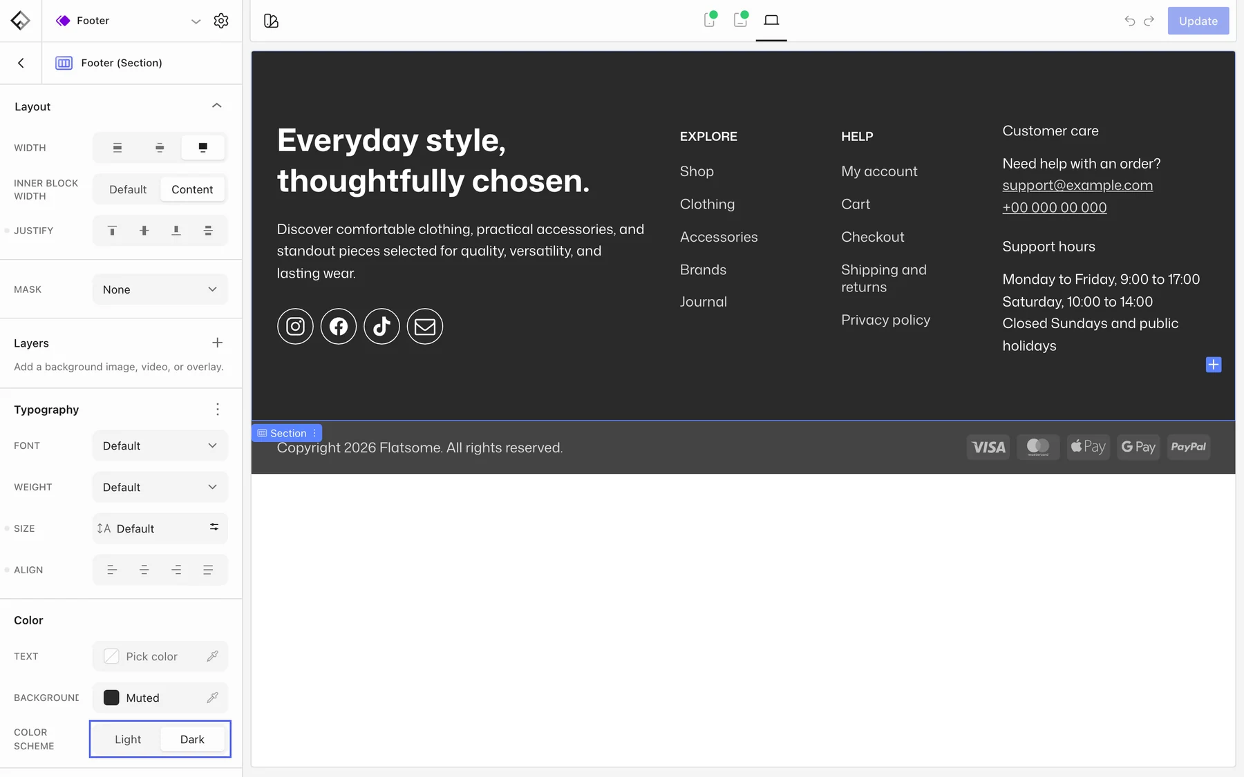 Footer section settings with the Background set to Muted and the Color scheme control highlighted with Dark selected