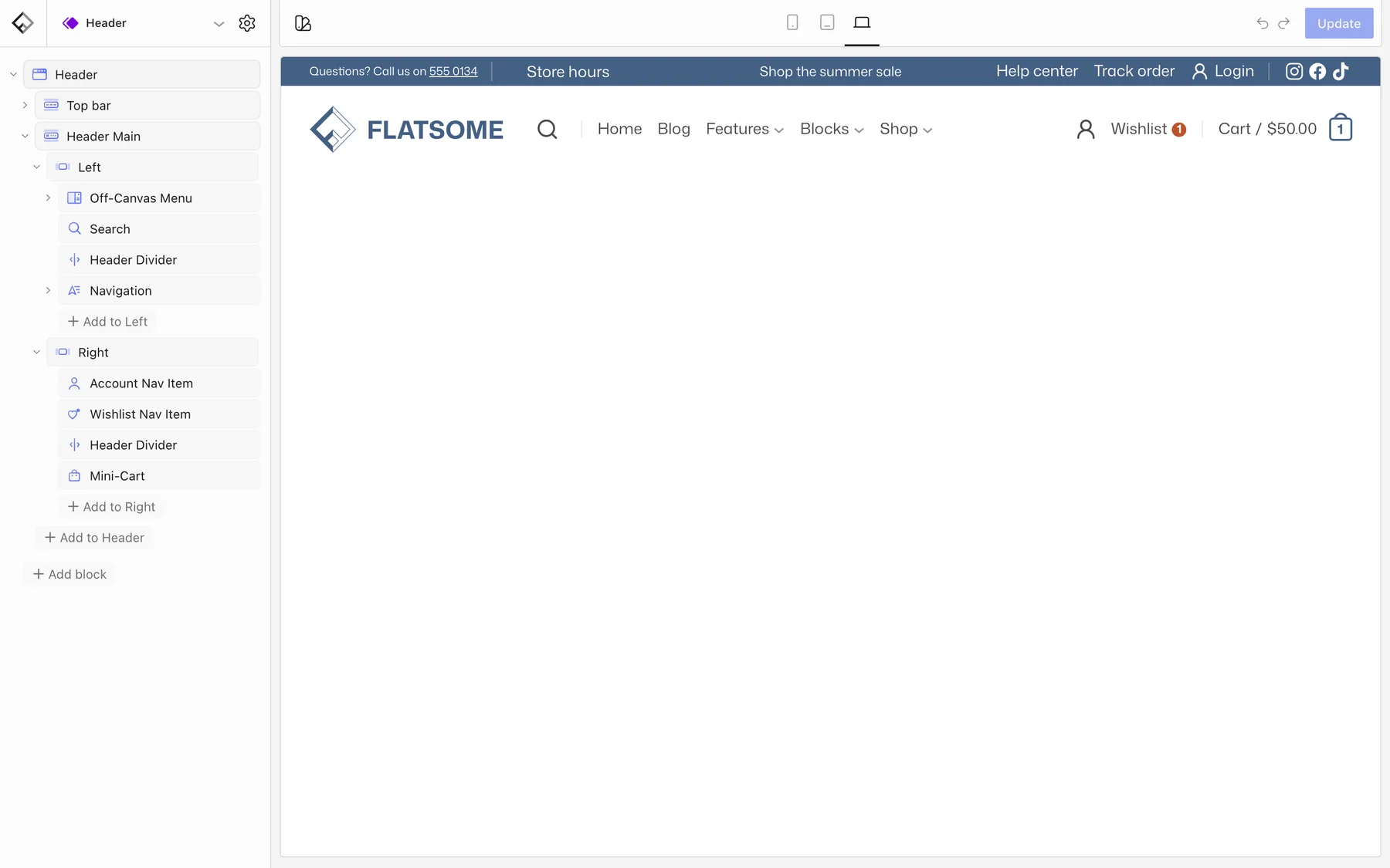 Header template part open in the Flatsome Builder with the block tree showing Top bar, Header Main, and its Left and Right columns