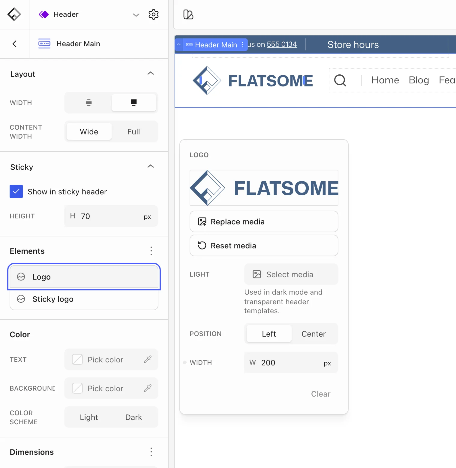 Header Main settings with the Logo element highlighted and its popover showing the logo image, Light logo, Position, and Width