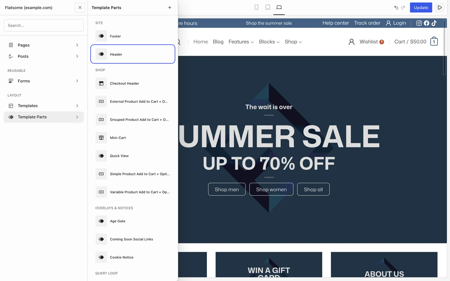 Flatsome Builder navigator with the Template Parts list open and the Header template part highlighted