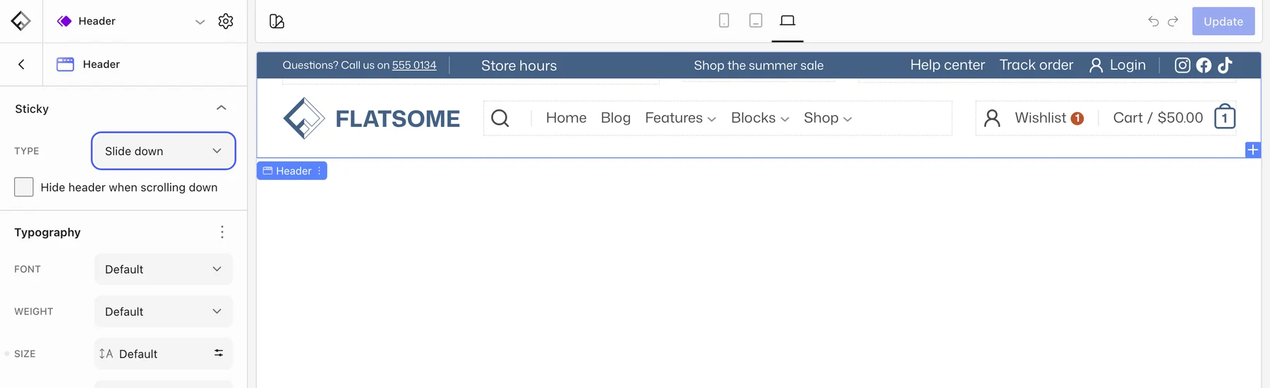 Header block settings with the Sticky Type dropdown highlighted and set to Slide down