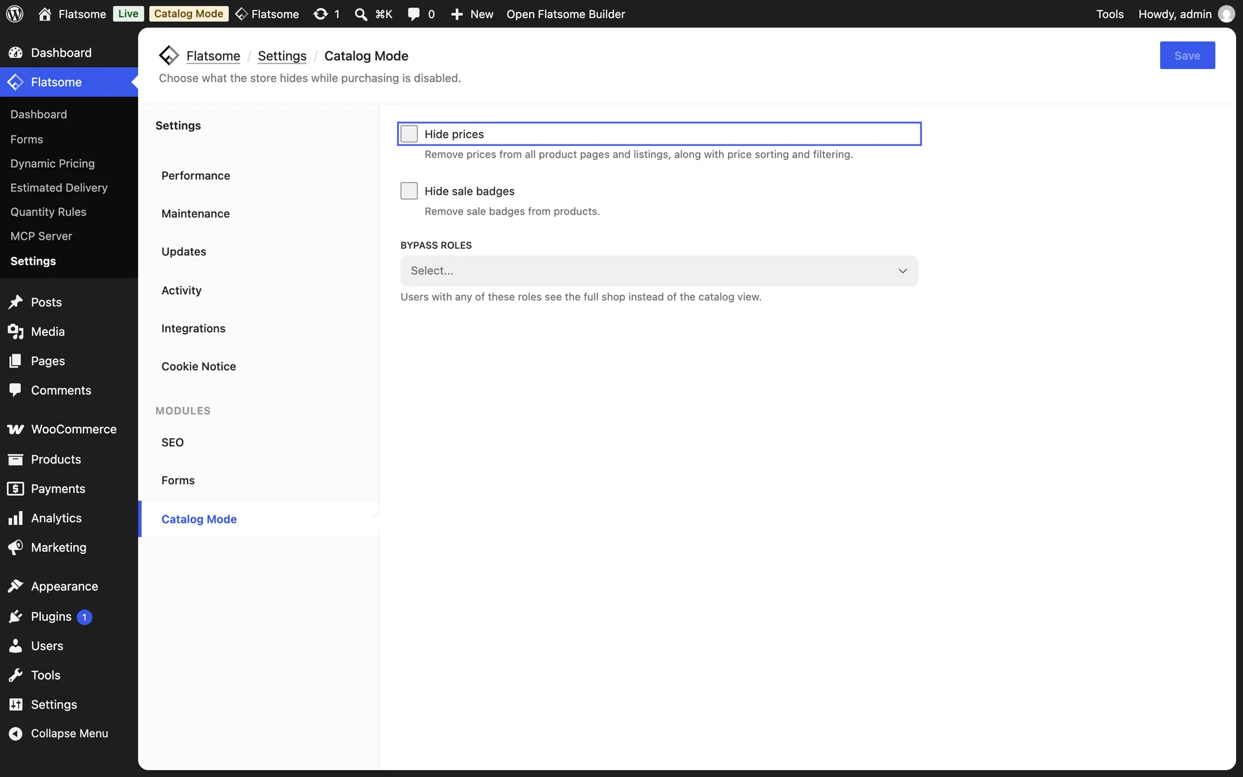 Catalog Mode settings with Hide prices highlighted above Hide sale badges and Bypass roles