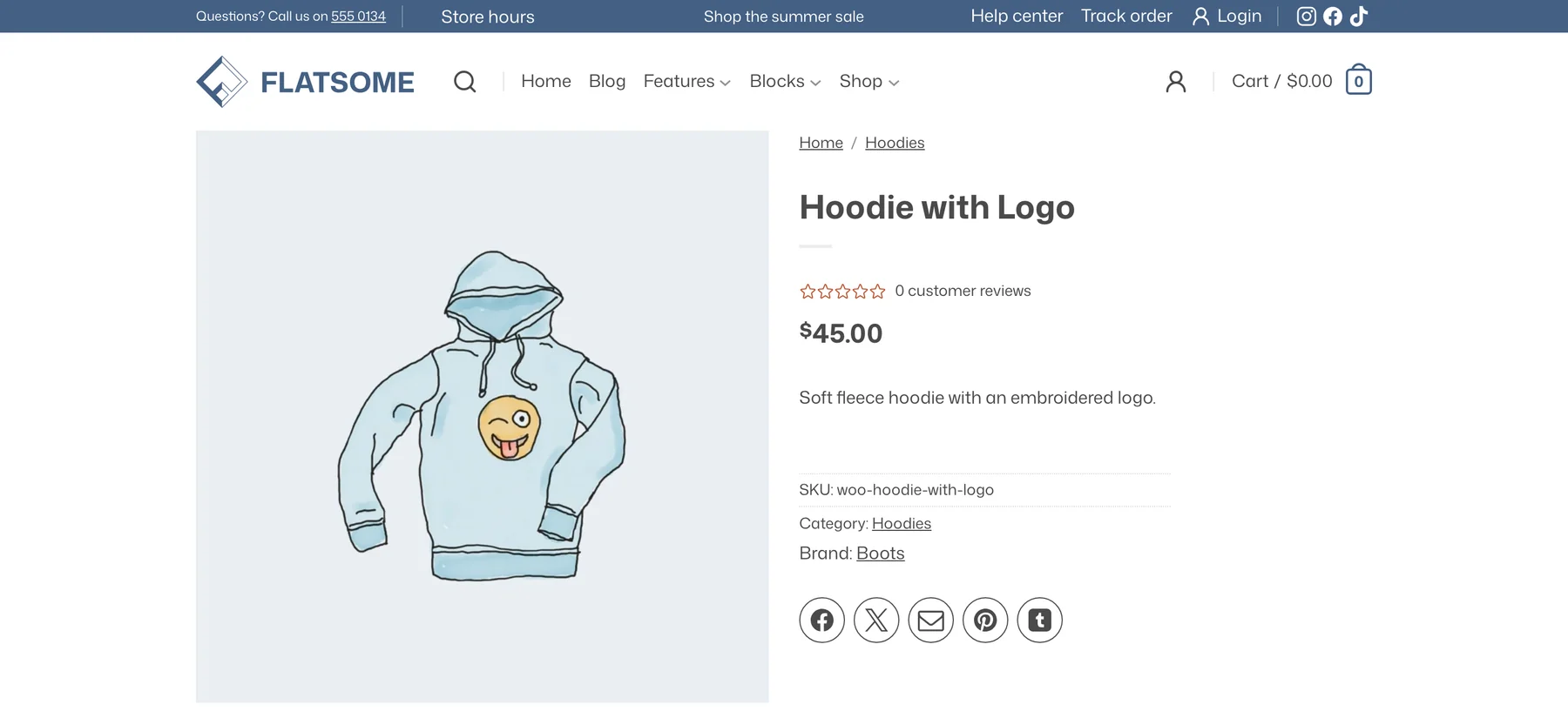 Product page for Hoodie with Logo as a visitor sees it in catalog mode, with the price but no quantity field or Add to cart button