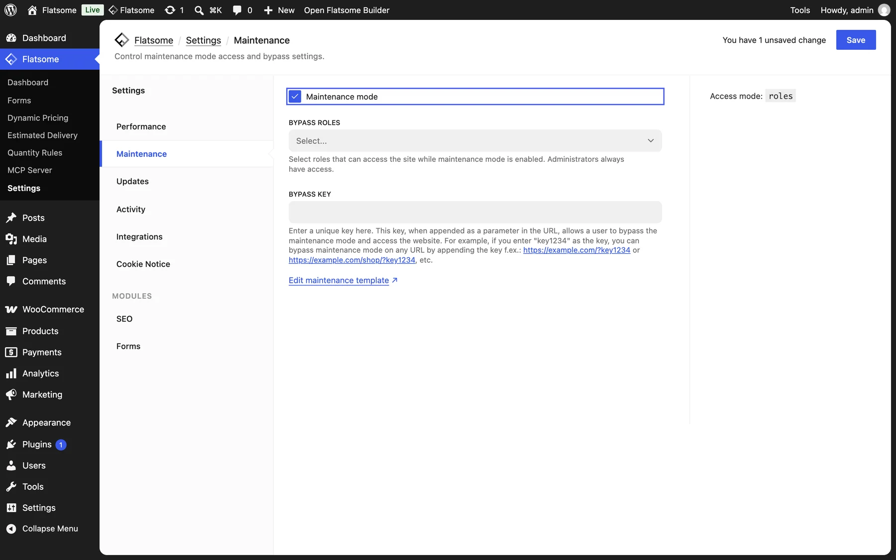Flatsome Maintenance settings with the Maintenance mode checkbox checked and highlighted, above the Bypass roles and Bypass key fields