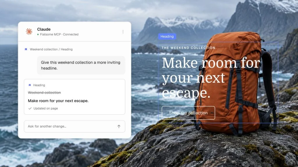 An AI agent connected through Flatsome MCP rewriting a banner headline, shown beside the updated headline over a coastal photo. Illustrative artwork.