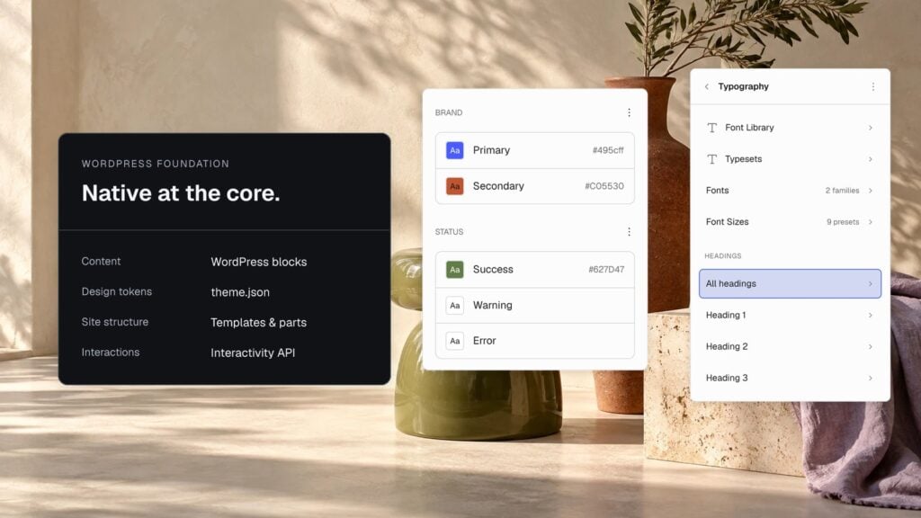Panels showing the native WordPress foundation, theme.json color tokens, and the Global Styles typography navigator over a warm interior photo. Illustrative artwork.