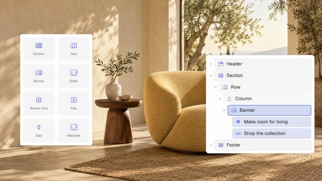 Flatsome Site Builder block picker and site layer tree floating over a sunlit interior photo. Illustrative builder artwork.