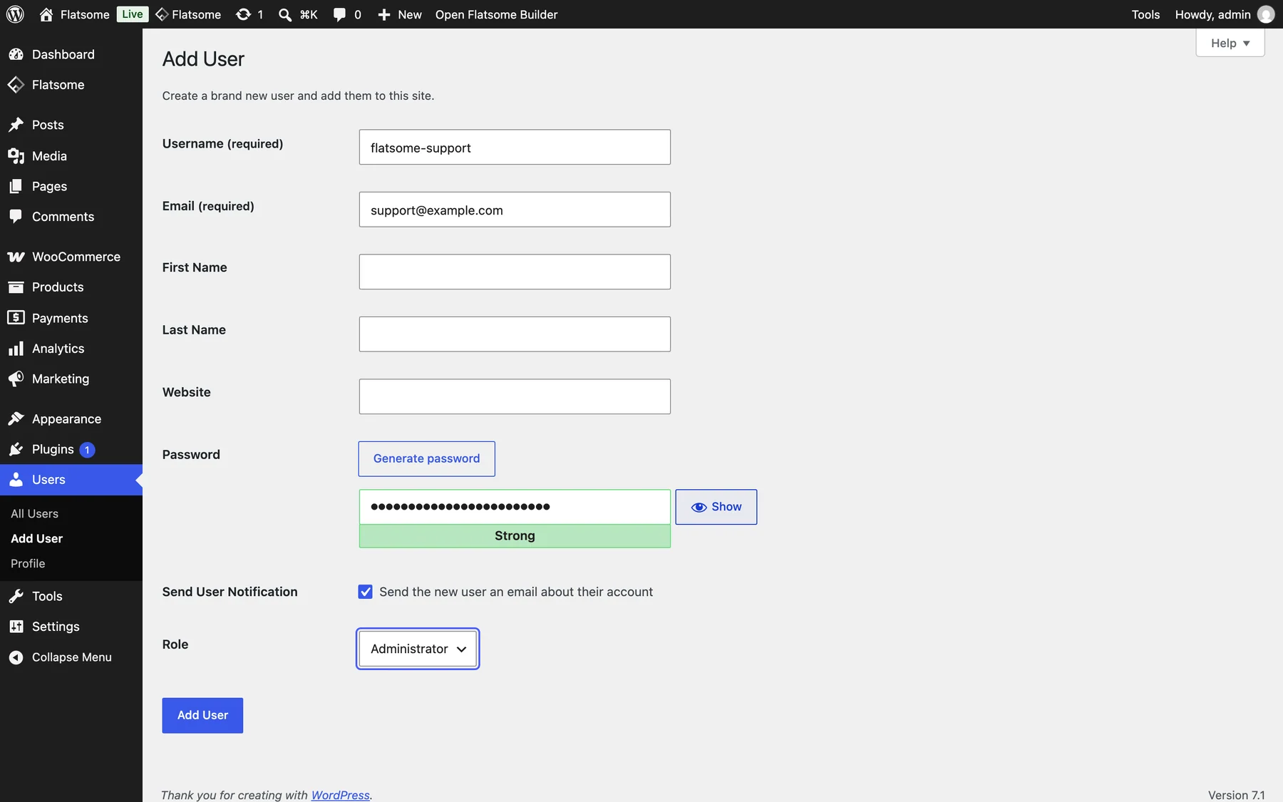 WordPress Add User form filled in with the username flatsome-support and a placeholder email, a generated strong password, and the Role dropdown set to Administrator and highlighted