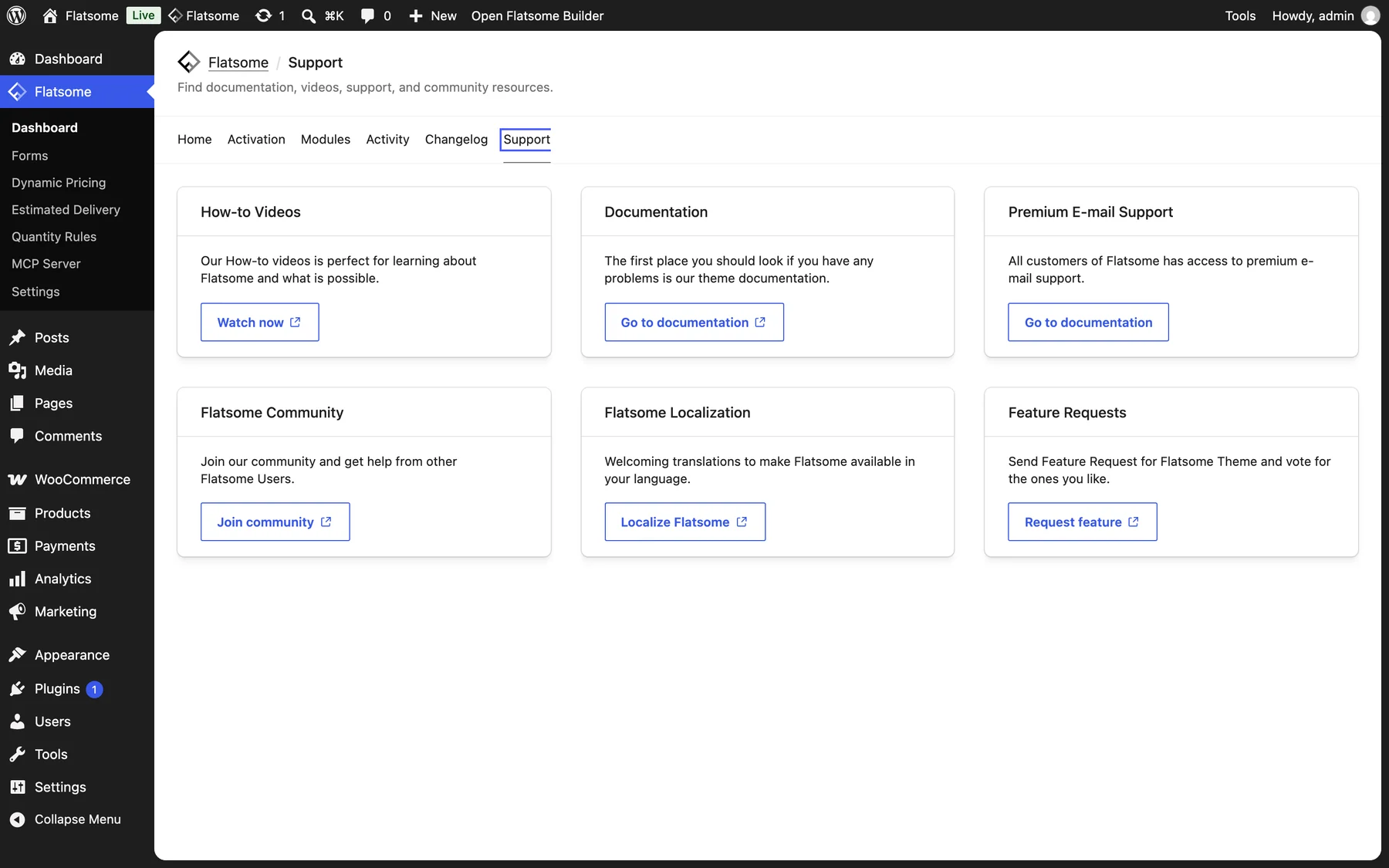 Flatsome Support tab with cards for how-to videos, documentation, premium email support, community, localization, and feature requests