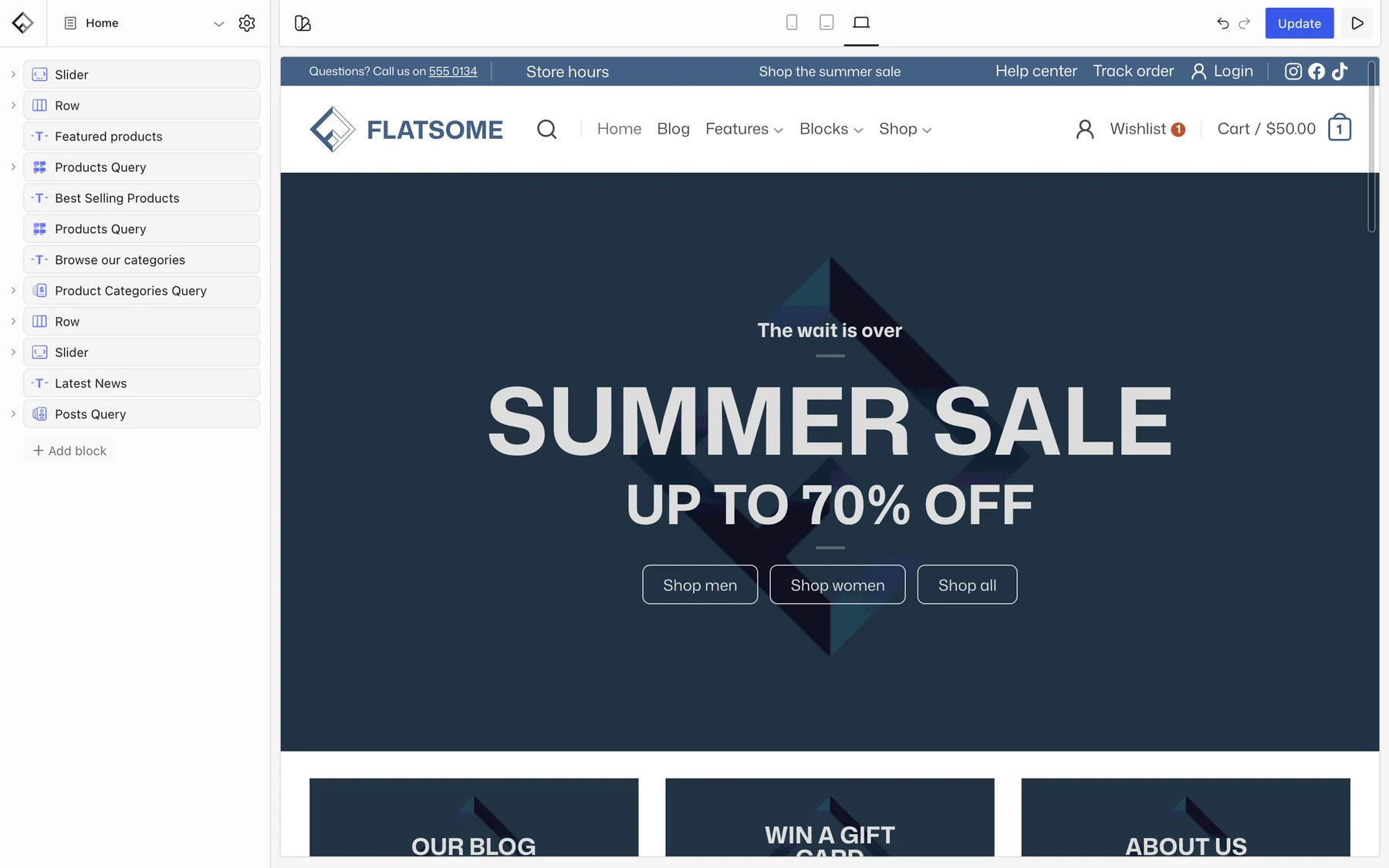 The Flatsome Builder with the block hierarchy on the left and a live preview of the homepage