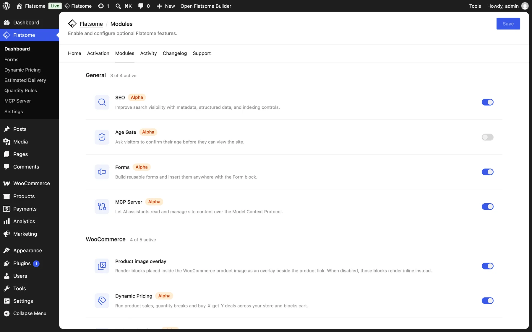 Flatsome Modules screen listing SEO, Age Gate, Forms, and MCP Server with their switches