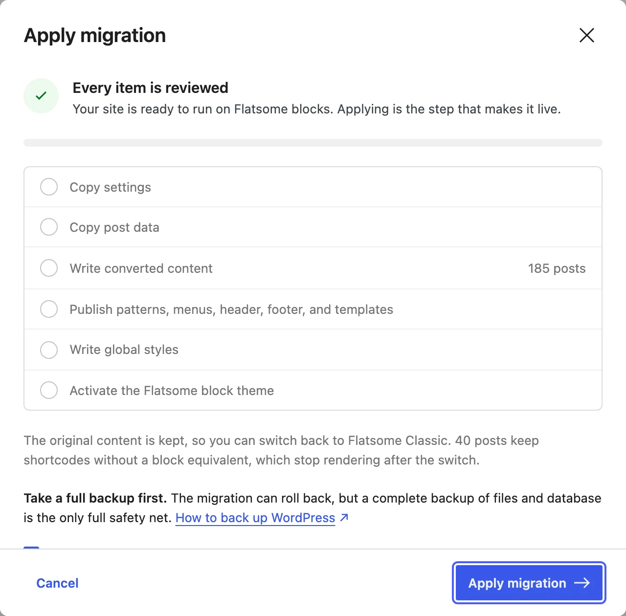 The Apply migration dialog confirming every item is reviewed and listing the apply steps, with the Apply migration button highlighted