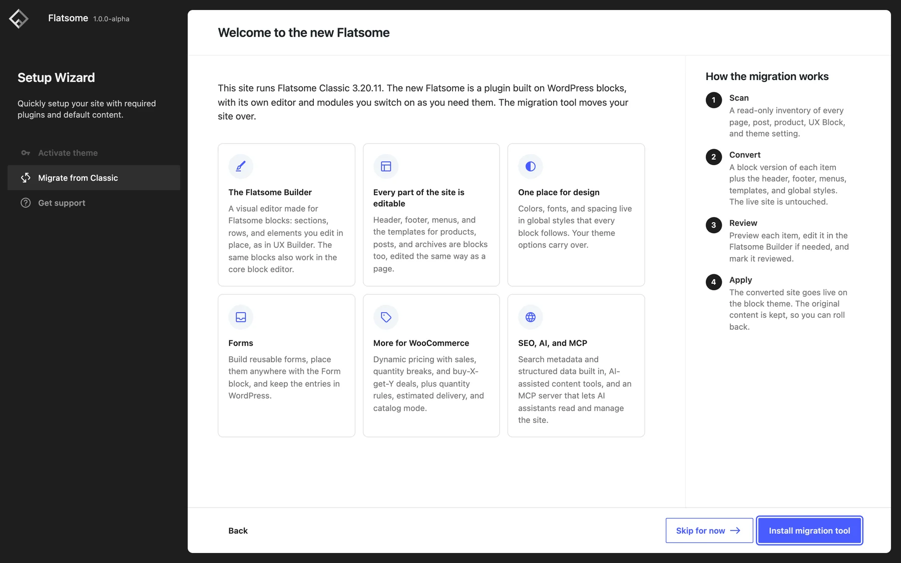 The Welcome to the new Flatsome screen of the setup wizard on a Flatsome Classic 3.20.11 site, with the Install migration tool button highlighted