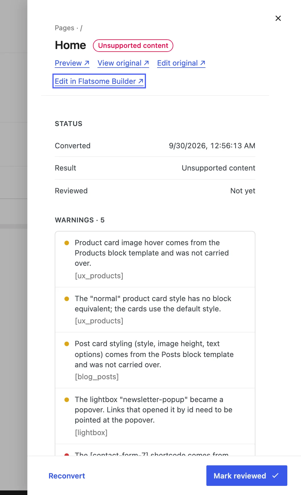 The item details panel for the Home page with its status, five warnings, the Preview, View original, and Edit original links, and the Edit in Flatsome Builder link highlighted