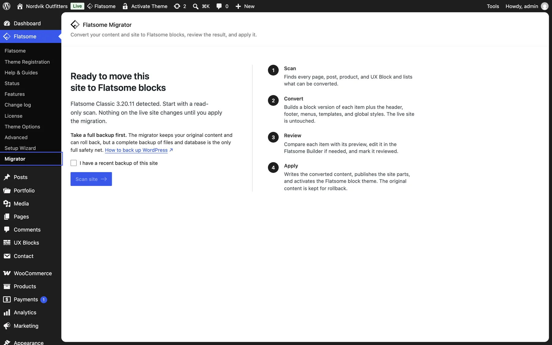 The Flatsome Migrator start screen with the backup checkbox and the Scan site button, and the Migrator item highlighted in the Flatsome admin menu